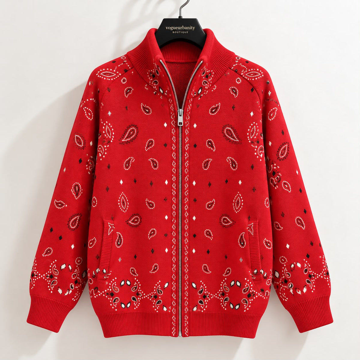 Red Bandana Zip-Up Sweater