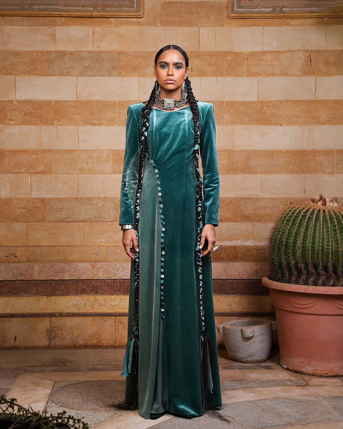 Teal Velevet Kaftan & Mule