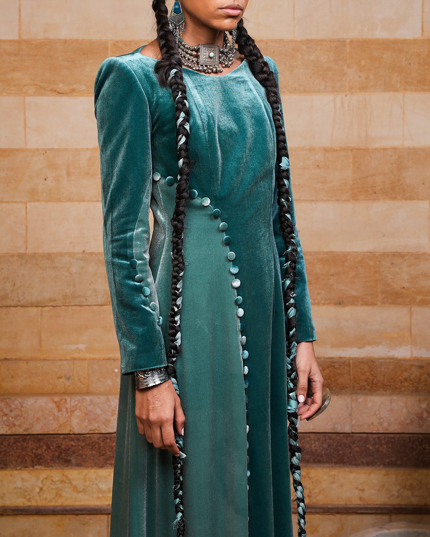 Teal Velevet Kaftan & Mule