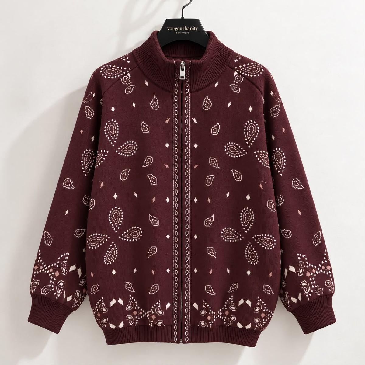Burgundy Bandana Zip-Up Sweater