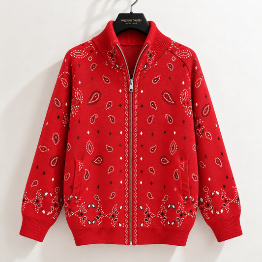Red Bandana Zip-Up Sweater