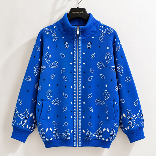 Blue Bandana Zip-Up Sweater